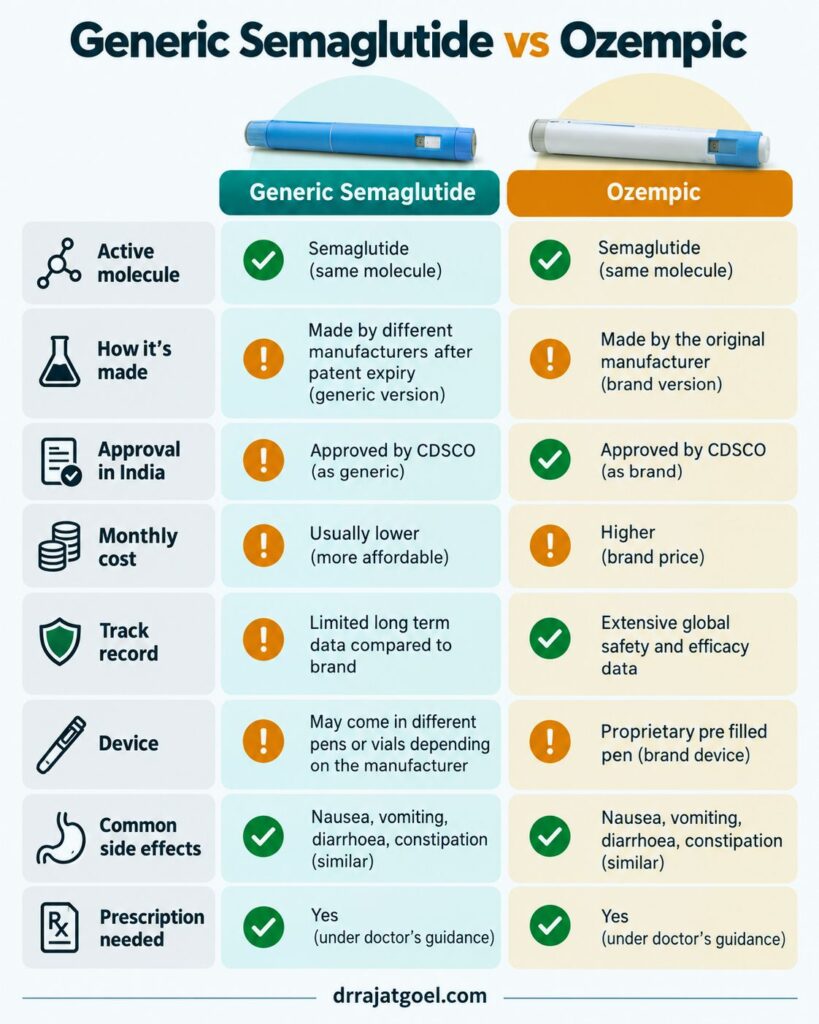 Comparison chart of generic semaglutide vs Ozempic in India showing manufacturing, cost, approval and side effects