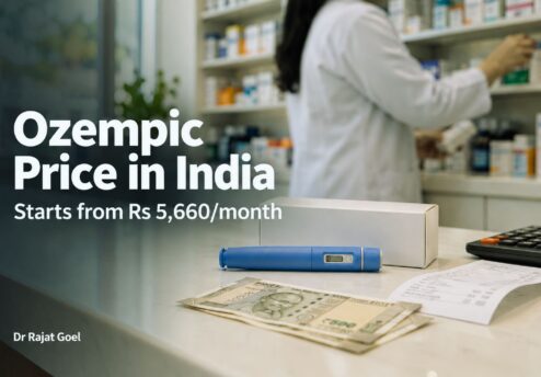 Ozempic price in India 2026 with injection pen and rupee notes on a pharmacy counter