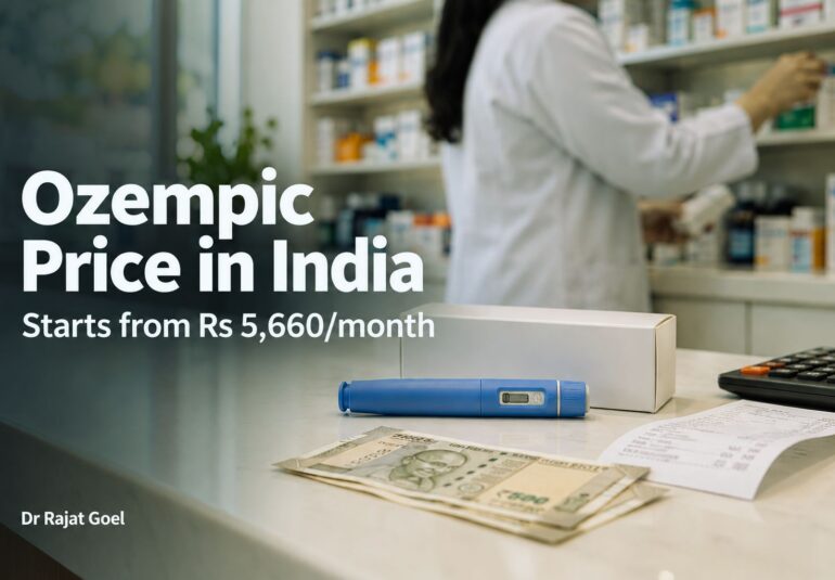 Ozempic price in India 2026 with injection pen and rupee notes on a pharmacy counter