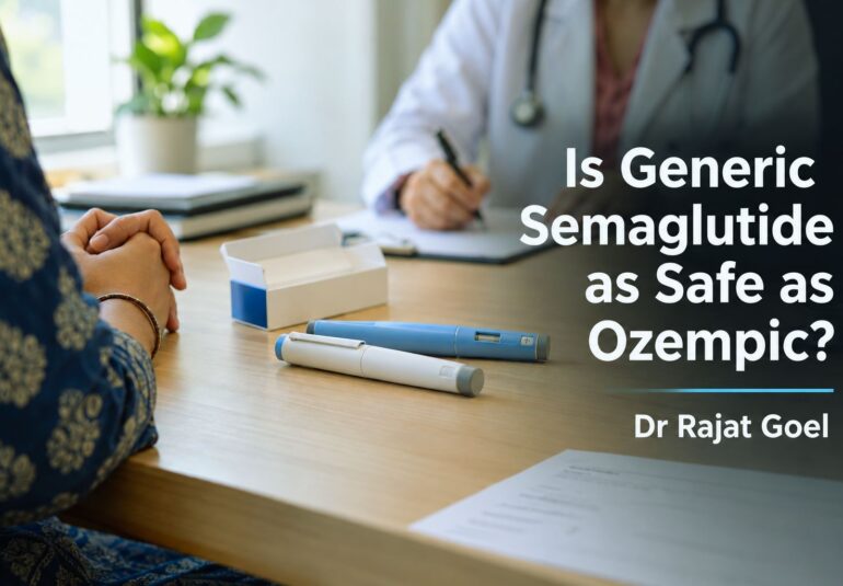 Generic semaglutide injection pens and Ozempic alternative on a doctor’s desk in an Indian clinic