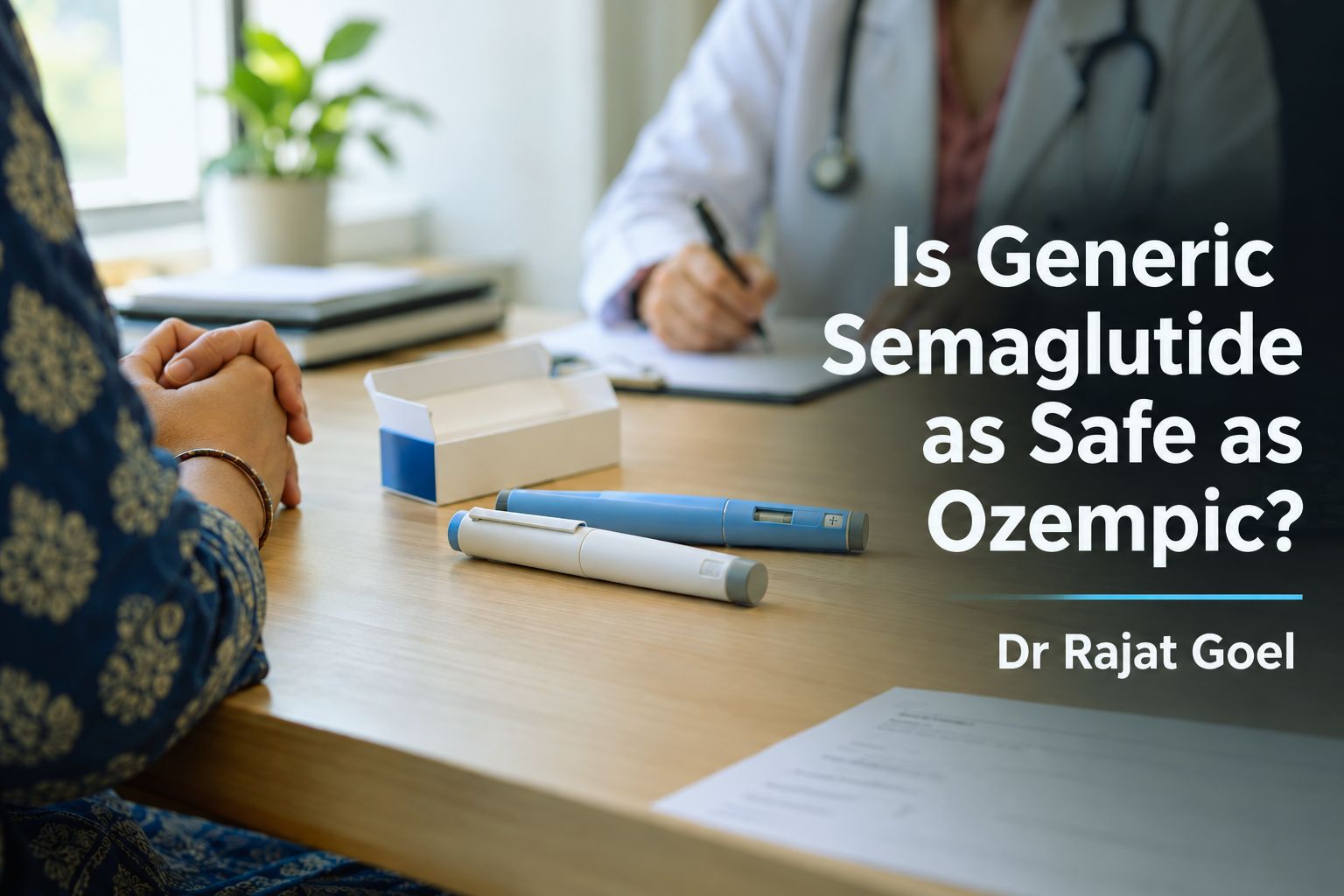 Generic semaglutide injection pens and Ozempic alternative on a doctor’s desk in an Indian clinic
