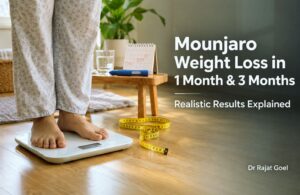 Mounjaro weight loss results in 1 month and 3 months with weighing scale and measuring tape