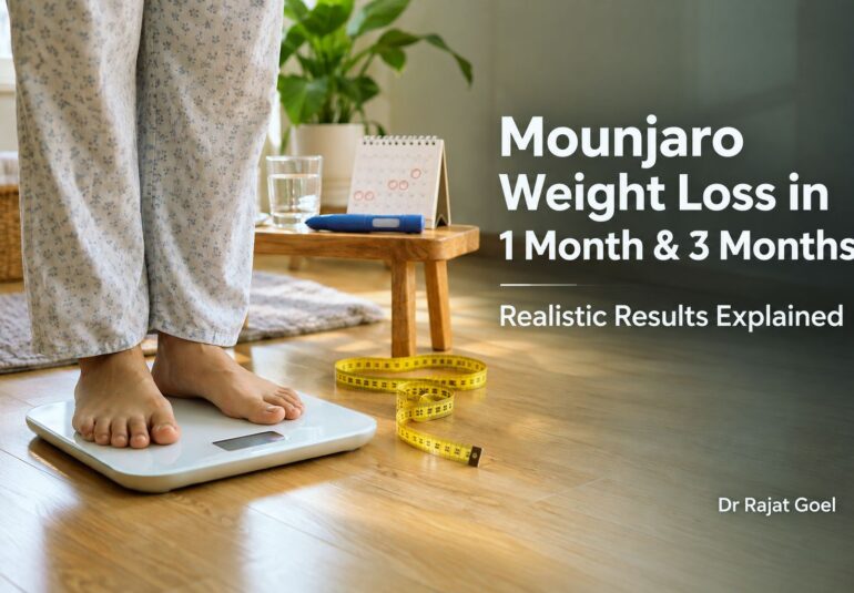 Mounjaro weight loss results in 1 month and 3 months with weighing scale and measuring tape