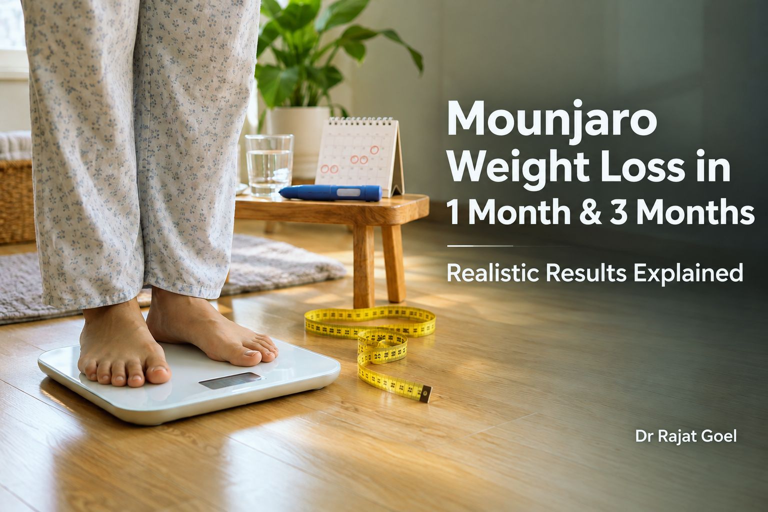 Mounjaro weight loss results in 1 month and 3 months with weighing scale and measuring tape